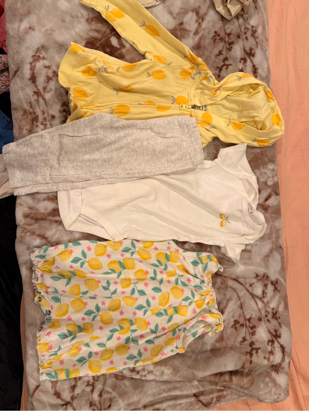 Carter's Yellow Lemon Hooded Romper Set with White Bodysuit and Gray Pants